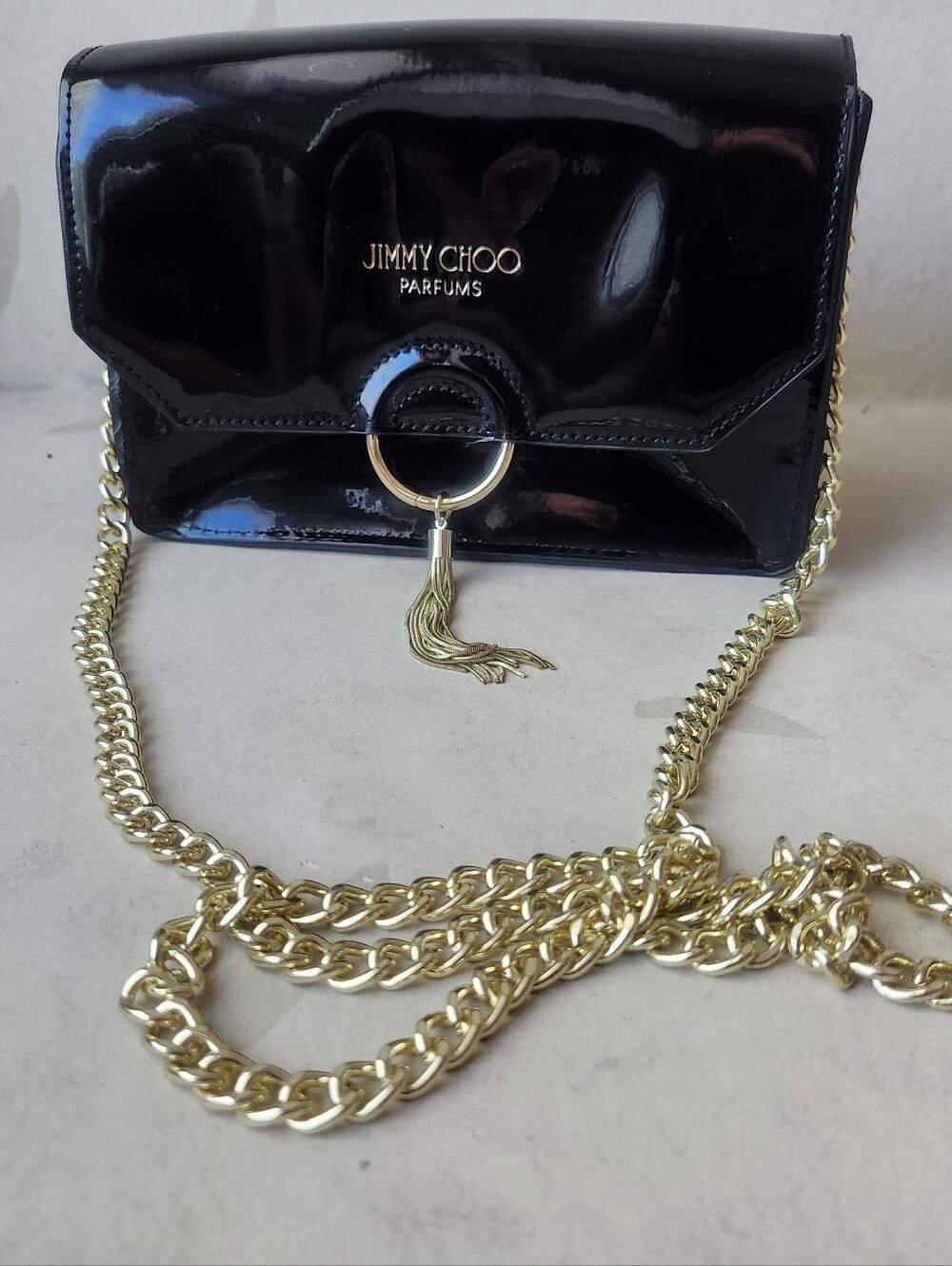 Jimmy Choo Black Patent Crossbody with Gold Chain and Tassel Ring